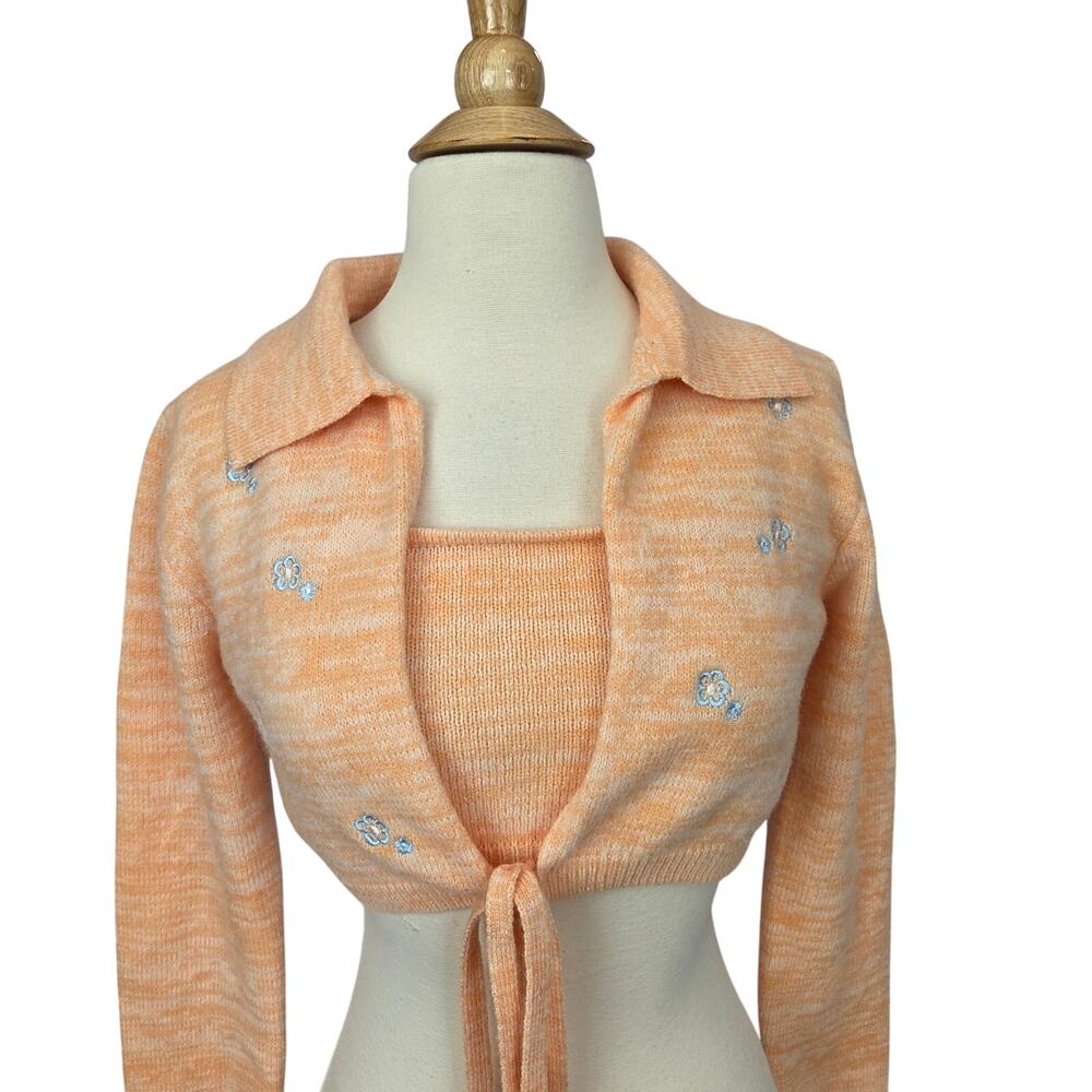 Dainty Cardigan Tank Crop Set M Soft Knit Peach w/ Blue Feminine Fairy Coquette